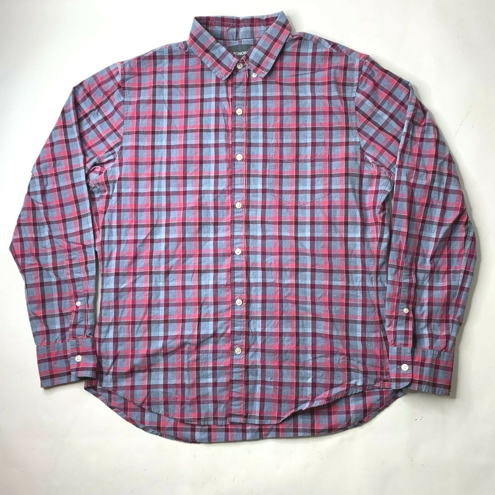 Bonobos Men's‎ Large Slim Fit Button Front Shirt Pink Blue Plaid Check
